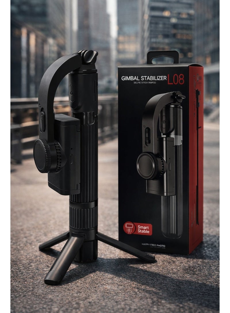 عصا تصوير مع مثبت جيمبال موديل Gimbal L08 بميزة الدوران 360 درجة والتتبع الذكي للوجه، حامل هاتف محمول مع قاعدة ثلاثية قابلة للطي للتصوير بدون استخدام اليدين، عصا سيلفي خفيفة الوزن مصنوعة من البلاستيك ABS وسبائك الألمنيوم، متوافقة مع الهواتف الذكية وكاميرات الأكشن والكاميرات المدمجة، مزودة بجهاز تحكم لاسلكي لسهولة التشغيل بيد واحدة، زاوية تصوير قابلة للتعديل لتسجيل فيديوهات تيك توك ويوتيوب وإنستغرام والبث المباشر والتعليم عن بُعد والتدوين والسفر وتصوير العائلة، تصوير ثابت وسلس، إعداد سريع، تصميم محمول مناسب لصناع المحتوى والمؤثرين في السعودية، لون أسود - Image 2